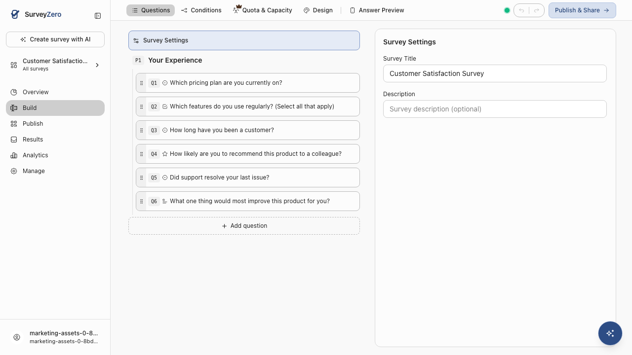 公開済みアンケートの設問一覧を表示するSurveyZero Builder。すぐに編集できる状態