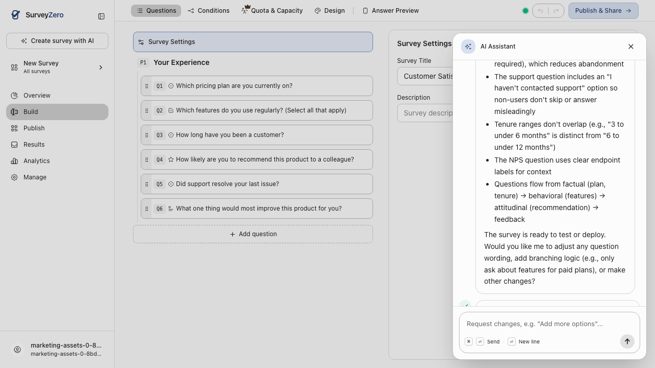 生成された顧客満足度調査アンケートを表示するSurveyZero Builder。複数の設問タイプとAIチャットによる説明が表示されている